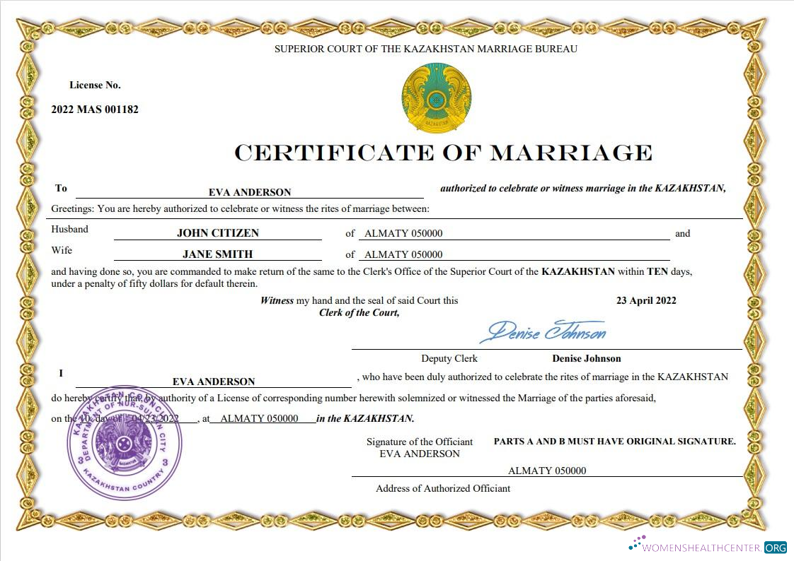 Download Kazakhstan marriage certificate Word and PDF template Photoshop template